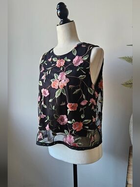 ICON Black Sheer Floral Embroidered Sleeveless Top